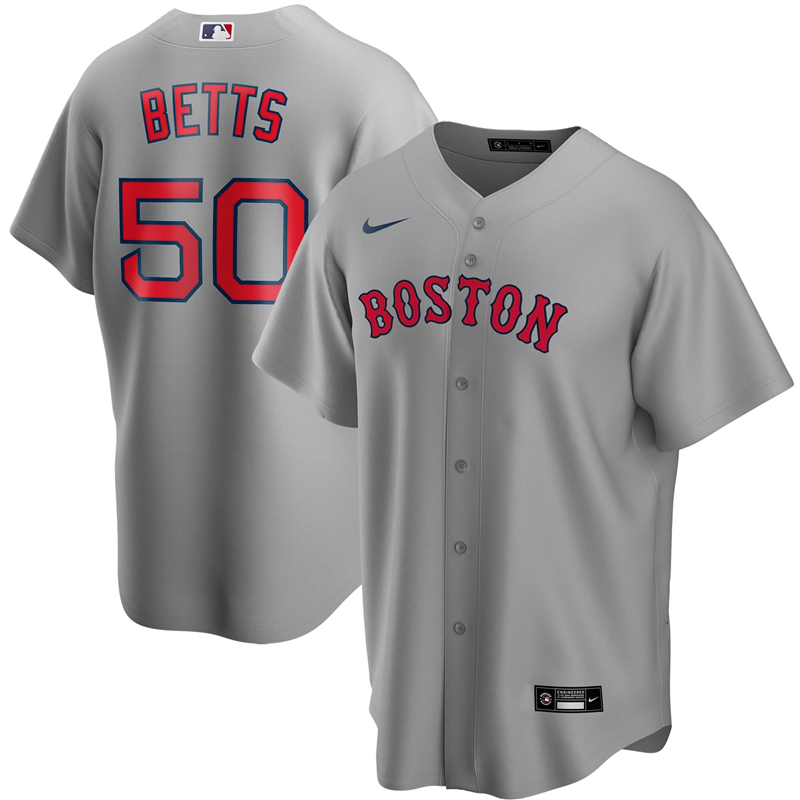 2020 MLB Men Boston Red Sox #50 Mookie Betts Nike Gray Road 2020 Replica Player Jersey 1